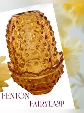 Vintage Fenton Amber Glass Hobnail Fairylamp 2 Piece